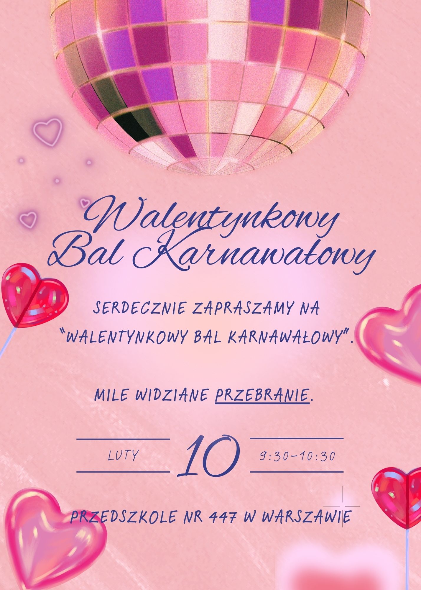 Zaproszenie na Walentynowy Bal Karnawałowy w Przedszkolu nr 447