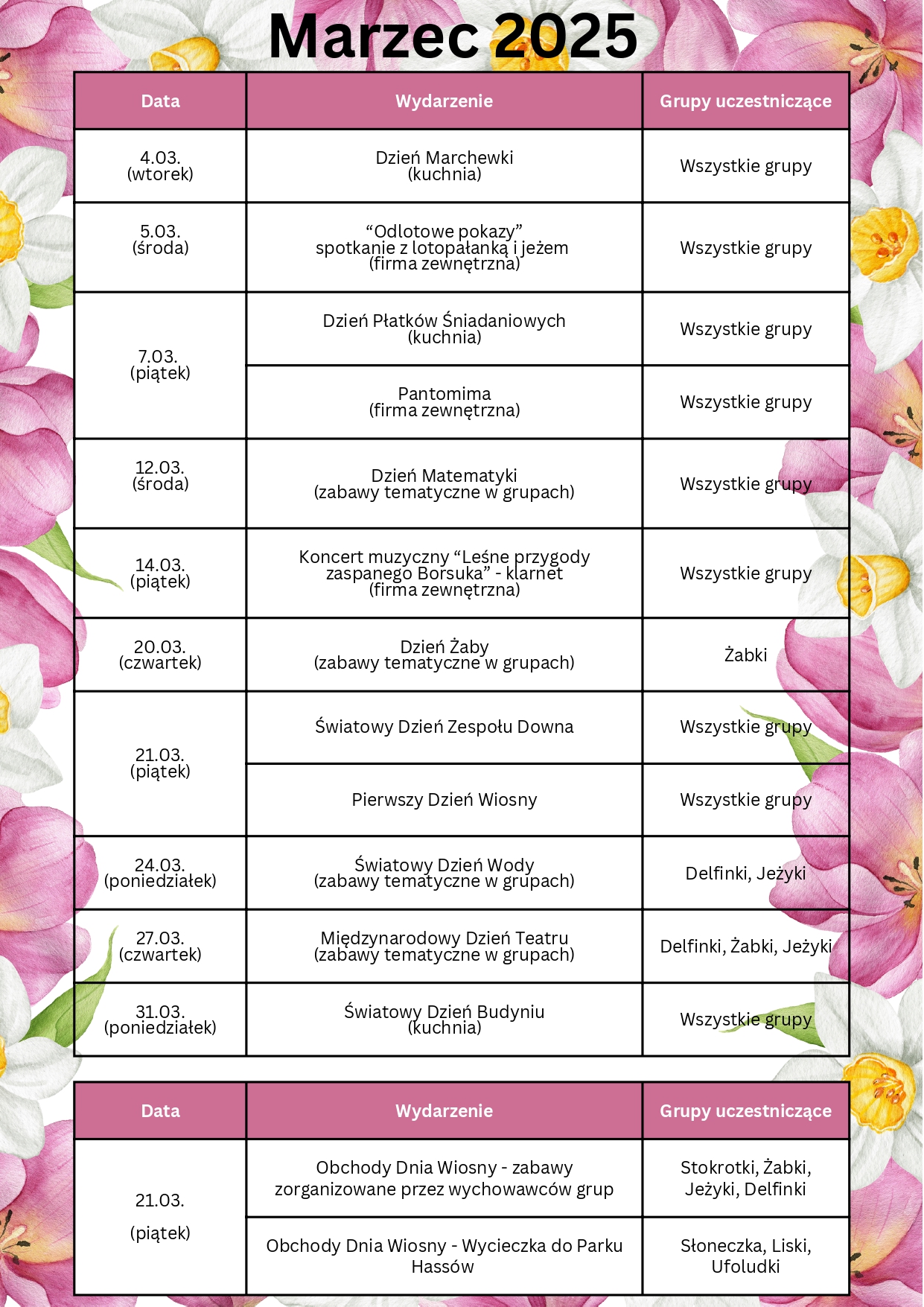 Harmonogram wydarzeń - marzec