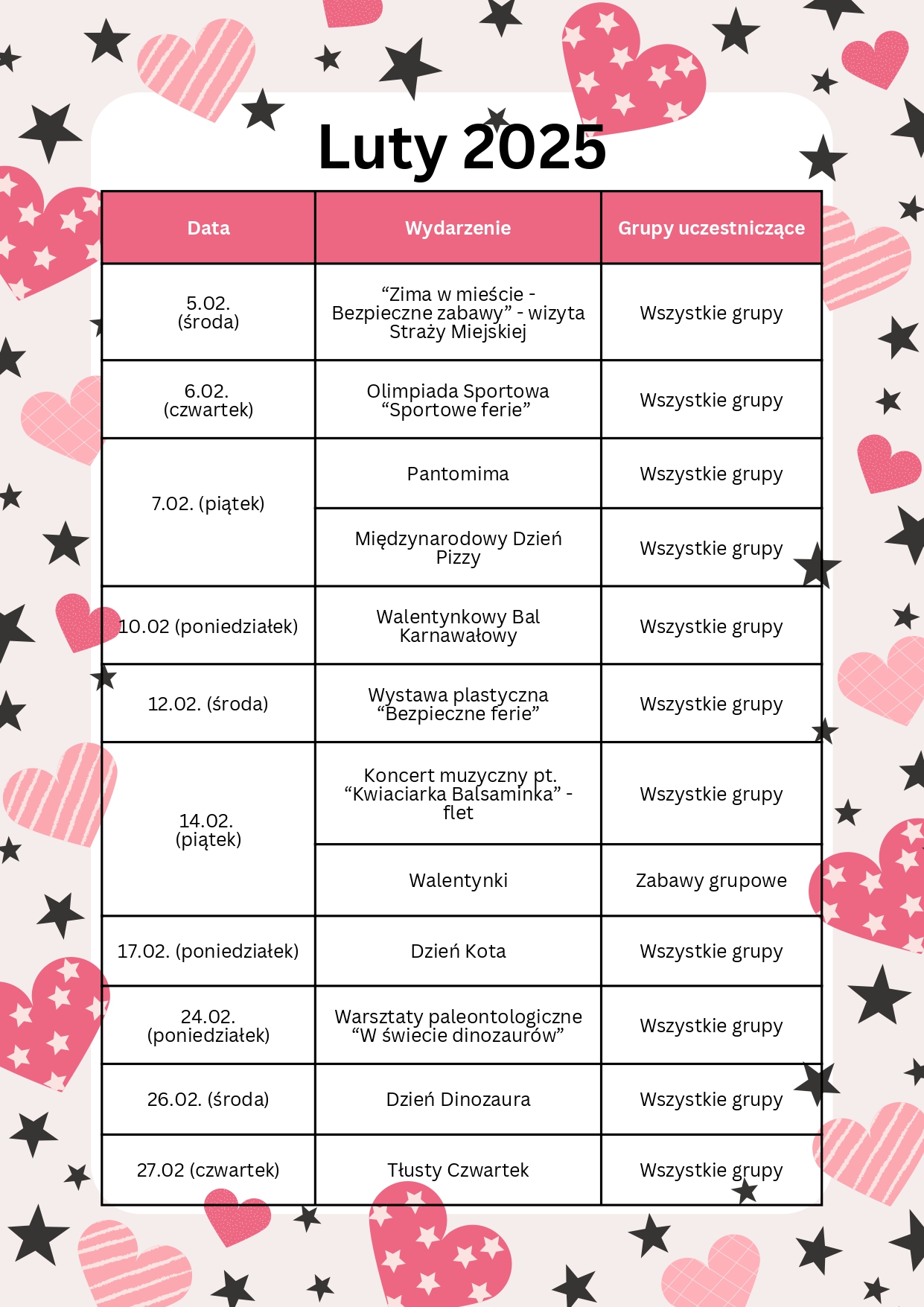 Harmonogram wydarzeń - luty w formie tabeli